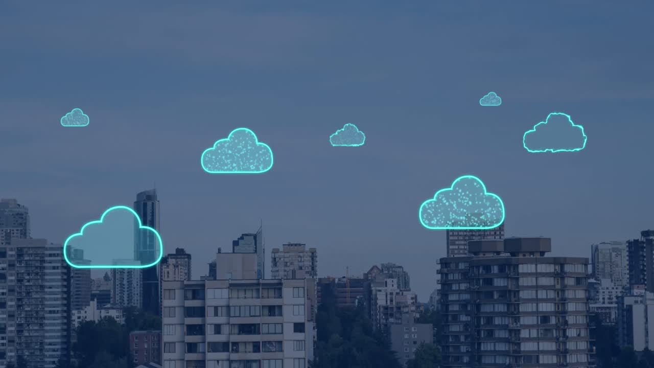animación de nubes digitales volando sobre el paisaje urbano