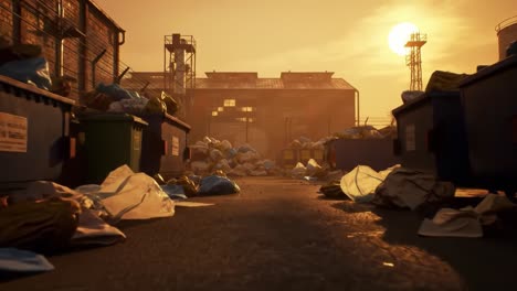 a sunset over an abandoned industrial area filled with litter and waste, highlighting environmental neglect and urban decay in a gritty atmosphere