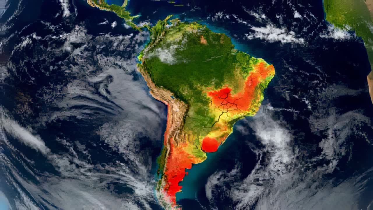 Avvio di un'animazione che mostra un globo orbitale che ruota sull'America del Sud, rivelando punti caldi lungo il bordo atlantico.