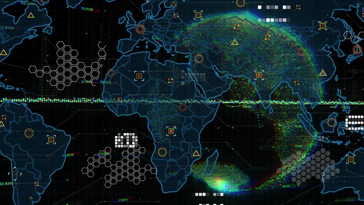 Animation of data processing with globe over world map on black background
