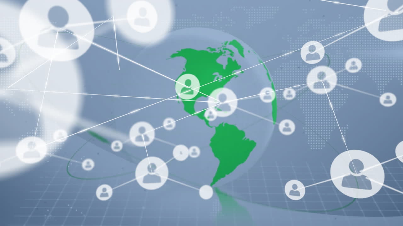 파란색 배경에 지구와 세계 지도에 대한 아이콘과 연결 네트워크의 애니메이션