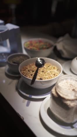 close up image of a breakfast table featuring a bowl of cereal with a spoon, a coffee cup, and a colorful cereal bowl in the background