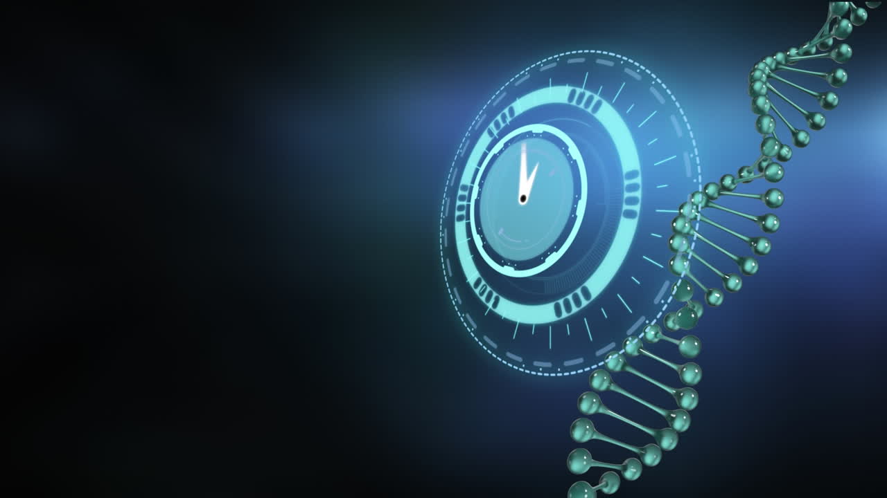 animación de un reloj moviéndose sobre una cadena de adn en fondo azul y negro