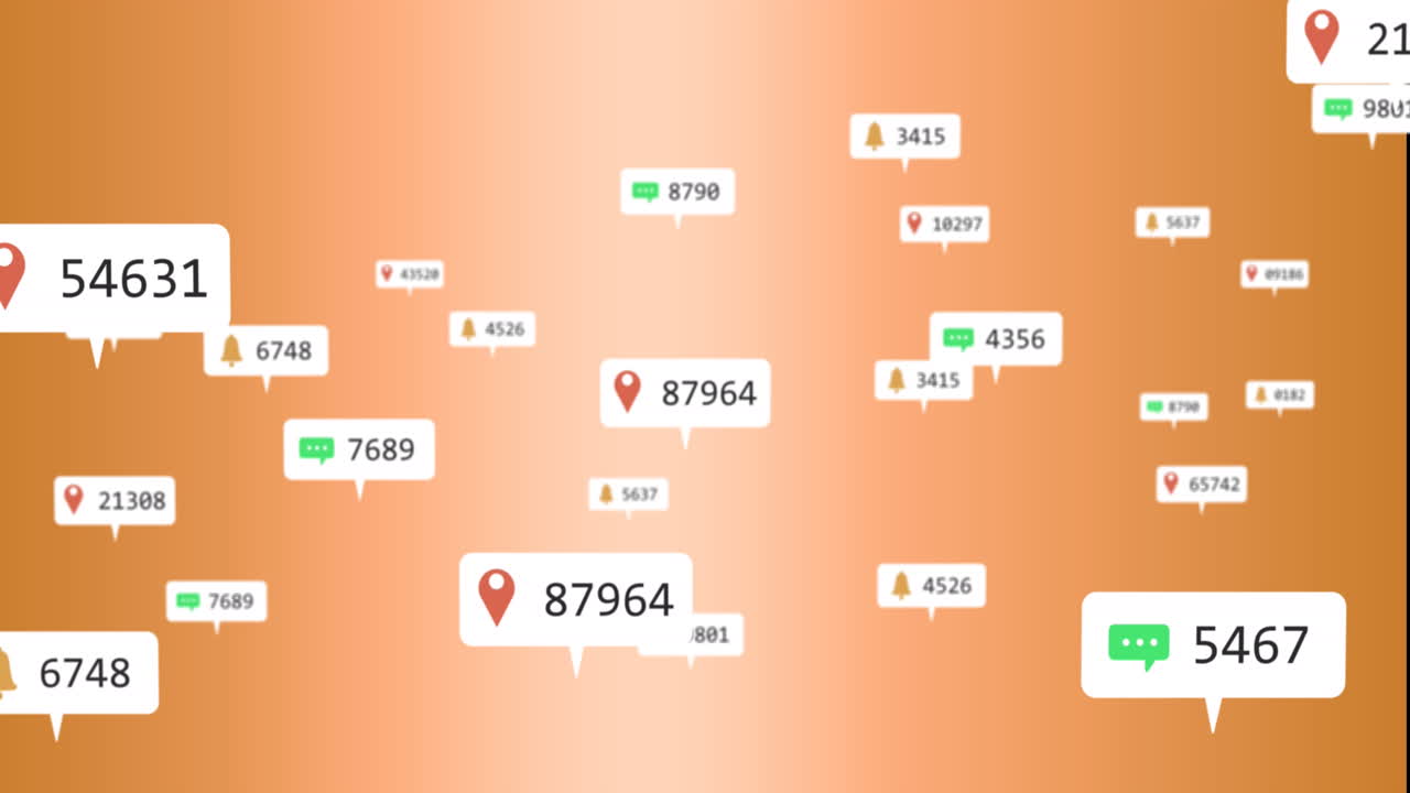Animation of changing numbers and icons in notification boxes against gradient background