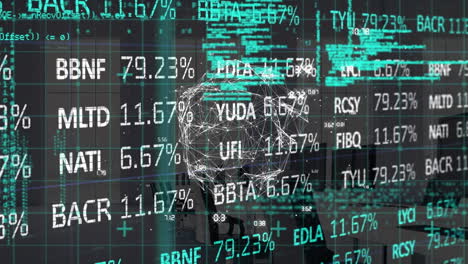 animación del globo con conexiones y procesamiento de datos financieros