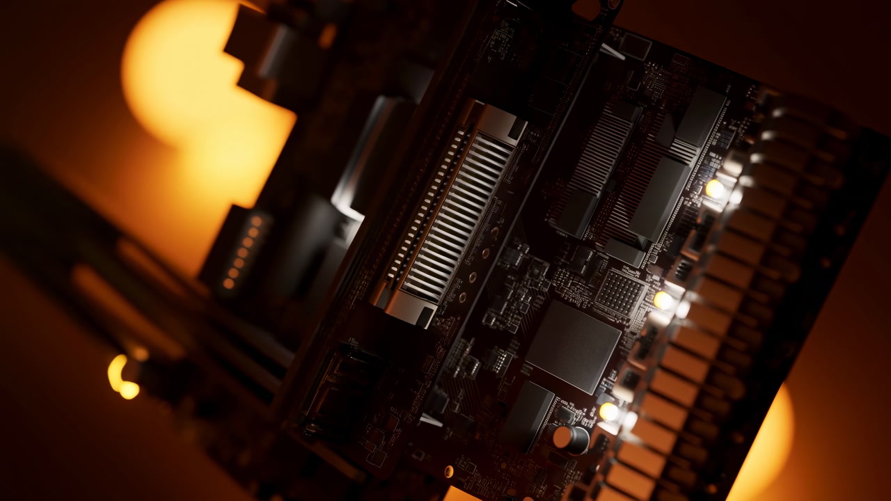 Closeup Motherboard Circuit Under Warm Backlight, Detailed Solder Joints And Chips, Illuminated Leds,