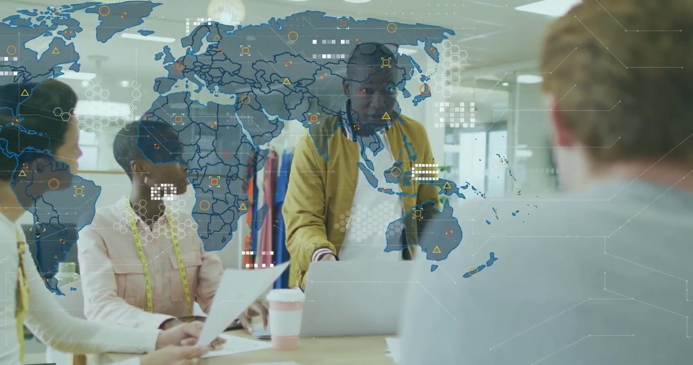 Presenter showing samples in design meeting causing world map overlay updating icons marking sites
