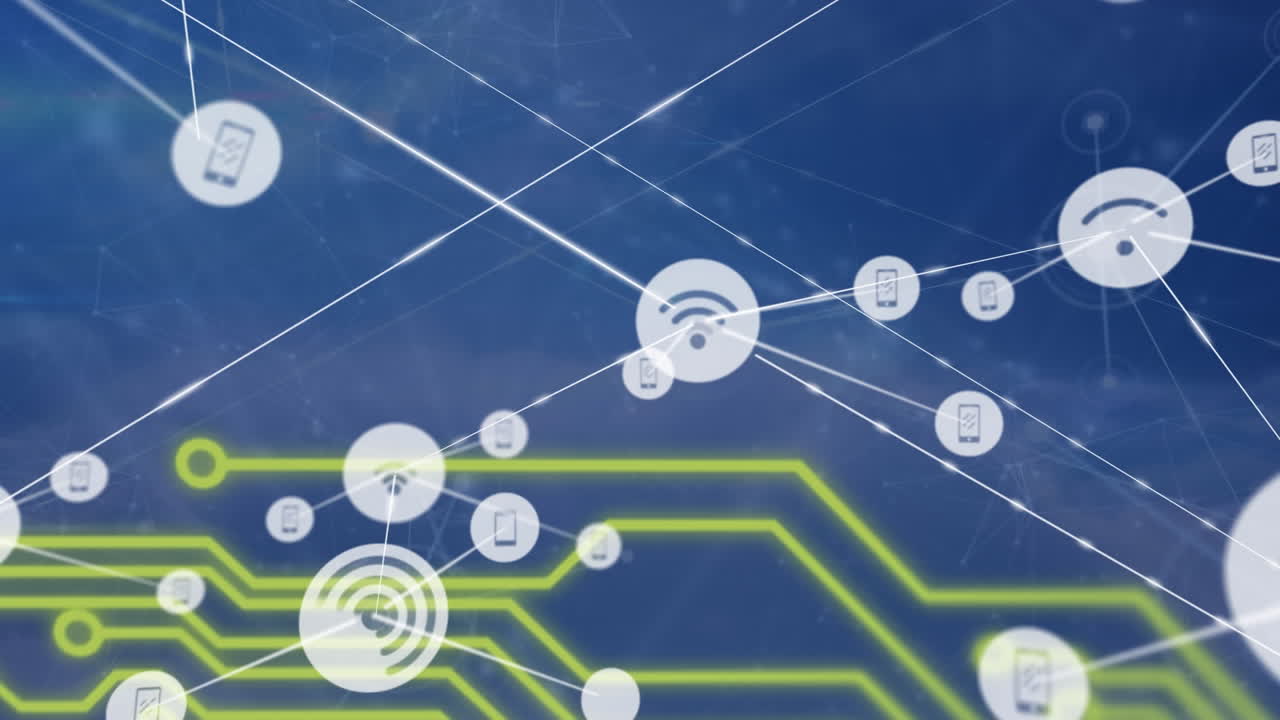 디지털 아이콘으로 연결된 회로판 네트워크의 애니메이션