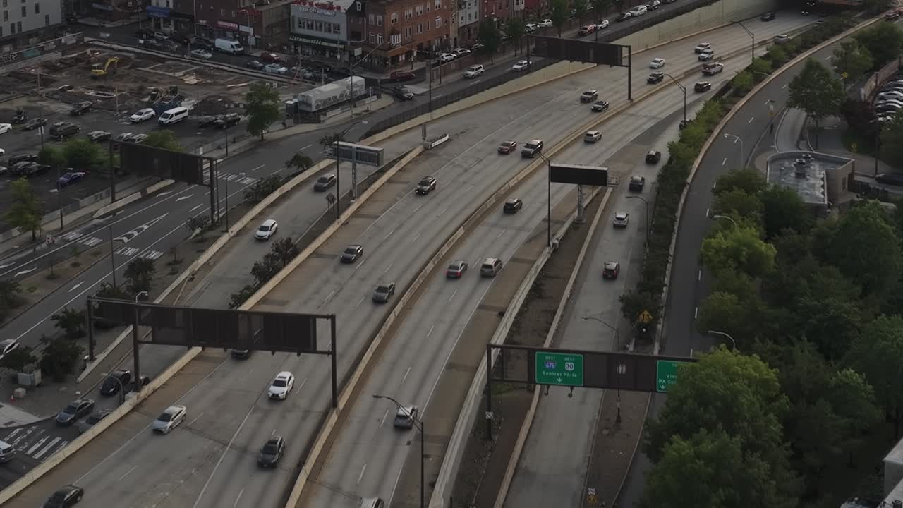 Aerial view of busy highways and urban landscape in Philadelphia