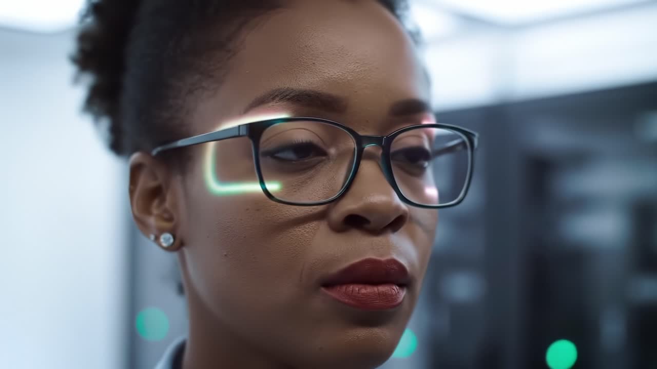 Concentrata e Determinata: Un Primo Piano di una Donna Professionista con gli Occhiali in un Moderno Ambiente Tecnologico che Cattura Intensa Concentrazione e Perspicacia.