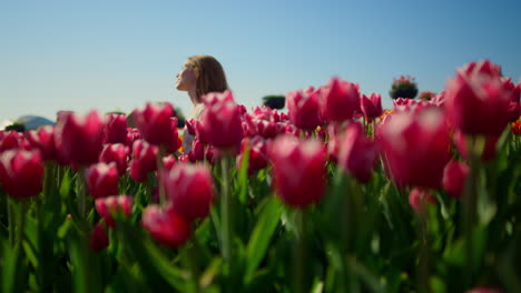 Mujer-Irreconocible-Sentada-En-El-Jardín-De-Tulipanes.-Mujer-Desconocida-Arreglando-El-Cabello-Al-Aire-Libre