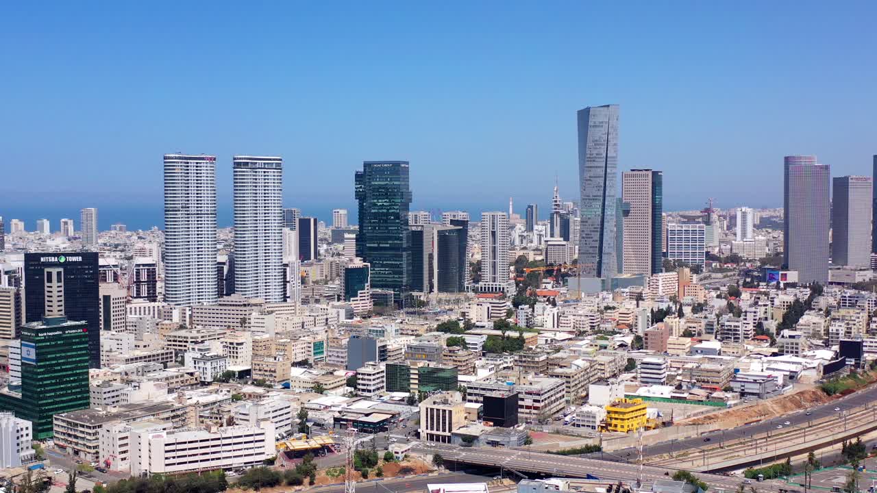 Aerial View of Tel Aviv Cityscape with Modern Skyscrapers and the Mediterranean Sea