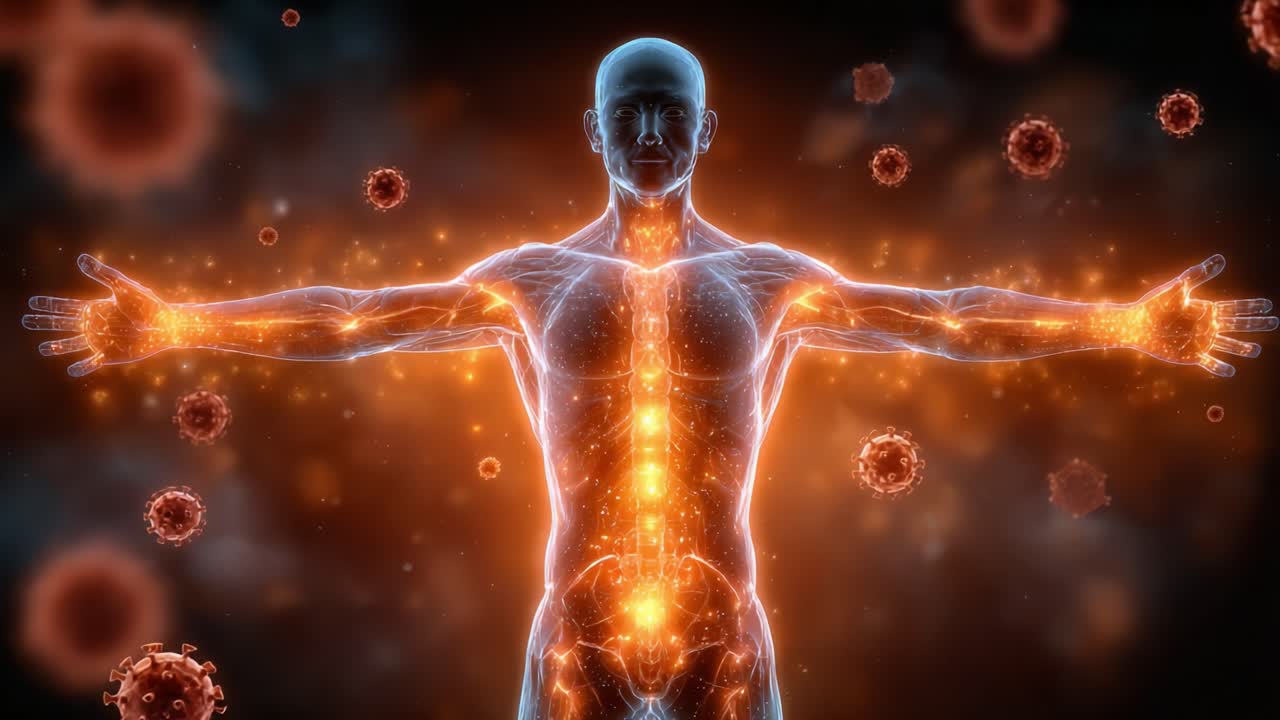 Una representación luminosa del cuerpo humano que expone energías vitales y respuestas inmunitarias sobre un fondo de patógenos flotantes.