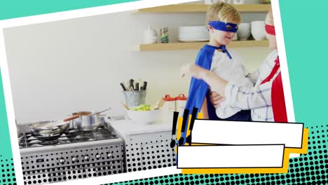 mother and son playing superhero