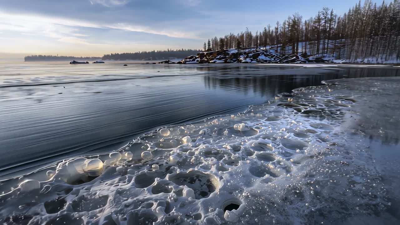 Panning camera across shoreline, revealing bubbly ice formations and trees, capturing winter scene