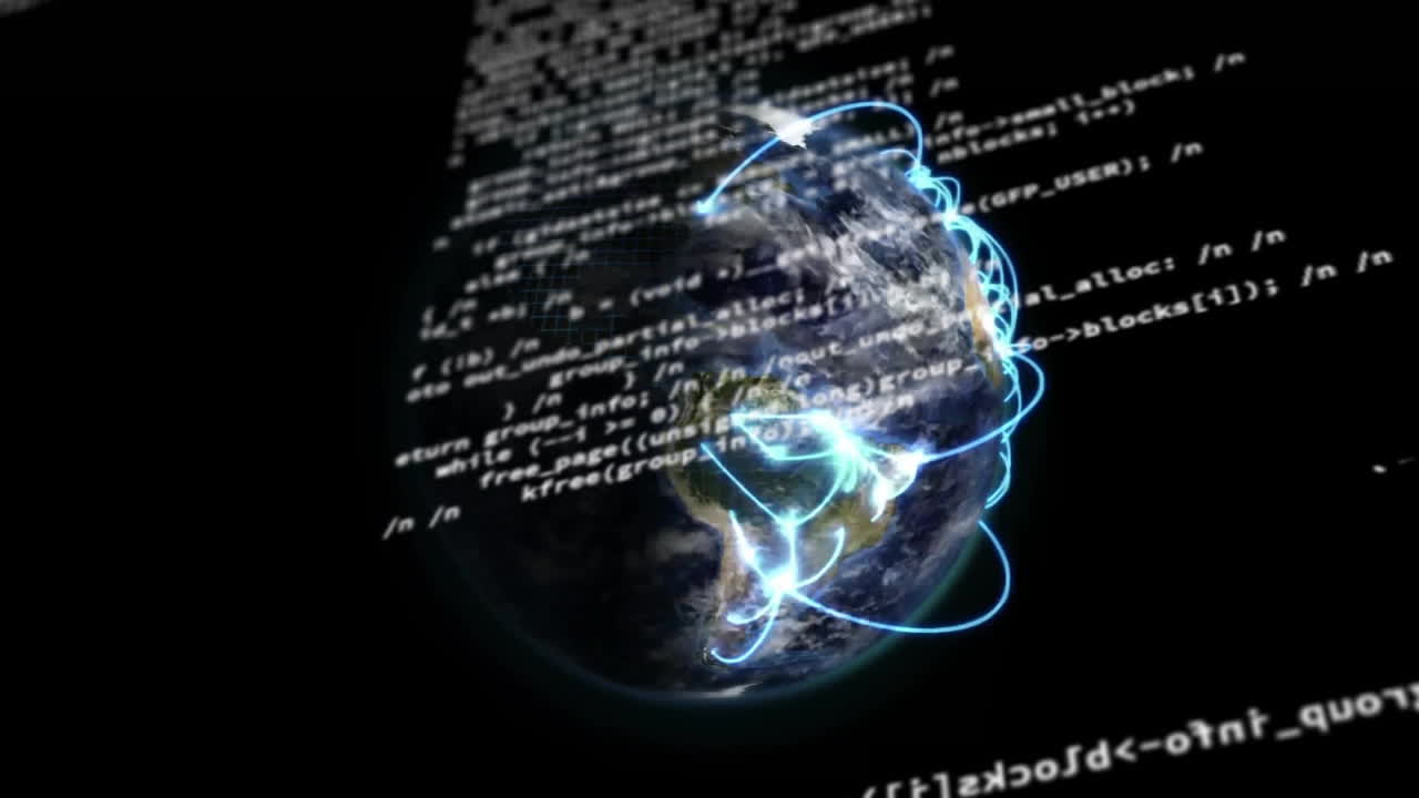 Animation of data processing and network of connections over globe
