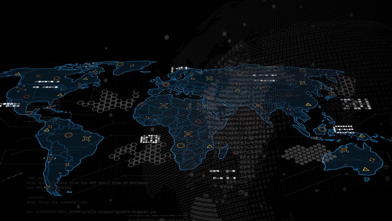 Animation of world map and icons over black background