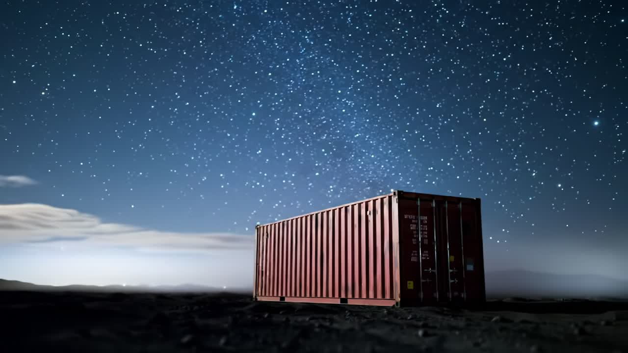 A Serene Night Sky Over an Isolated Shipping Container, Illuminated by Stars Stretching Across the Horizon, Creating a Beautiful Contrast in Nature and Human-Made Structures