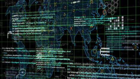 Animación-Del-Mapa-Mundial-Y-Procesamiento-De-Datos-Informáticos-Sobre-Fondo-Oscuro