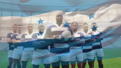 animation of a honduras flag over a multi ethnic male rugby team standing in a row