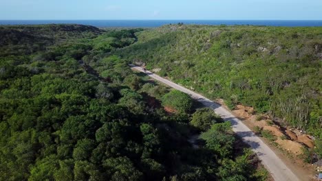 Dolly-in-aerial-view-of-a-single-car-driving-to-Kanoa-Beach,-a-rare-surfer's-beach-on-the-Dutch-island-of-Curacao,-Caribbean-Sea