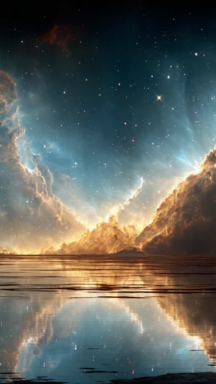 A Breathtaking Cosmic Landscape: Ethereal Nebulas and Stars Reflected in Tranquil Waters, Creating a Mesmerizing Symmetry of Light and Color