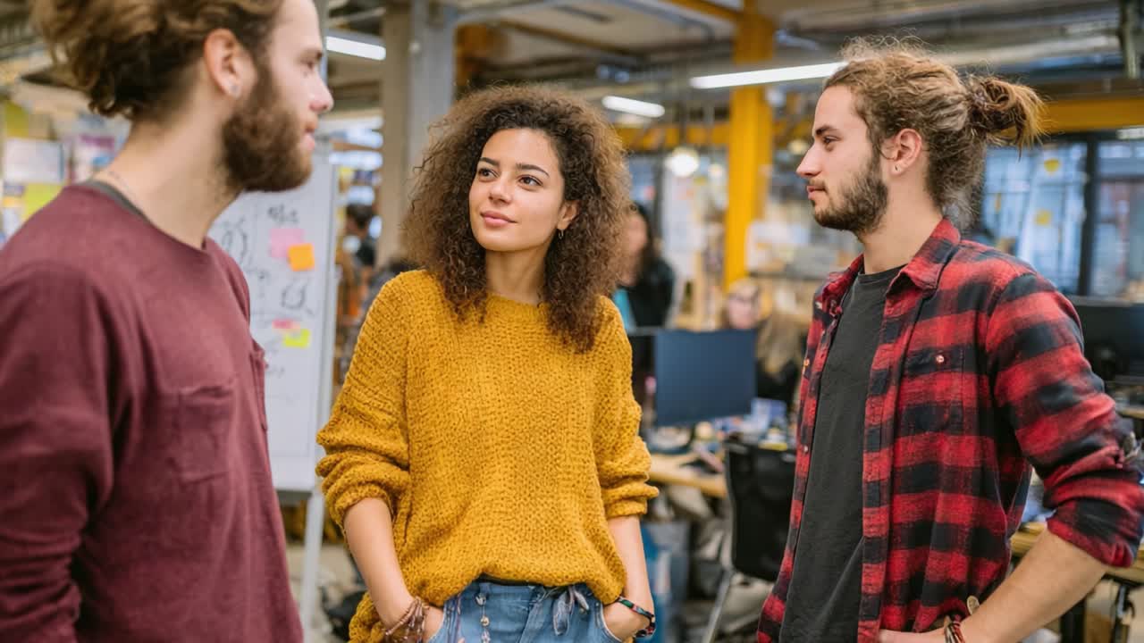 Engaging Conversation Among Young Adults in a Modern Workspace: Three Creative Minds Sharing Ideas and Perspectives