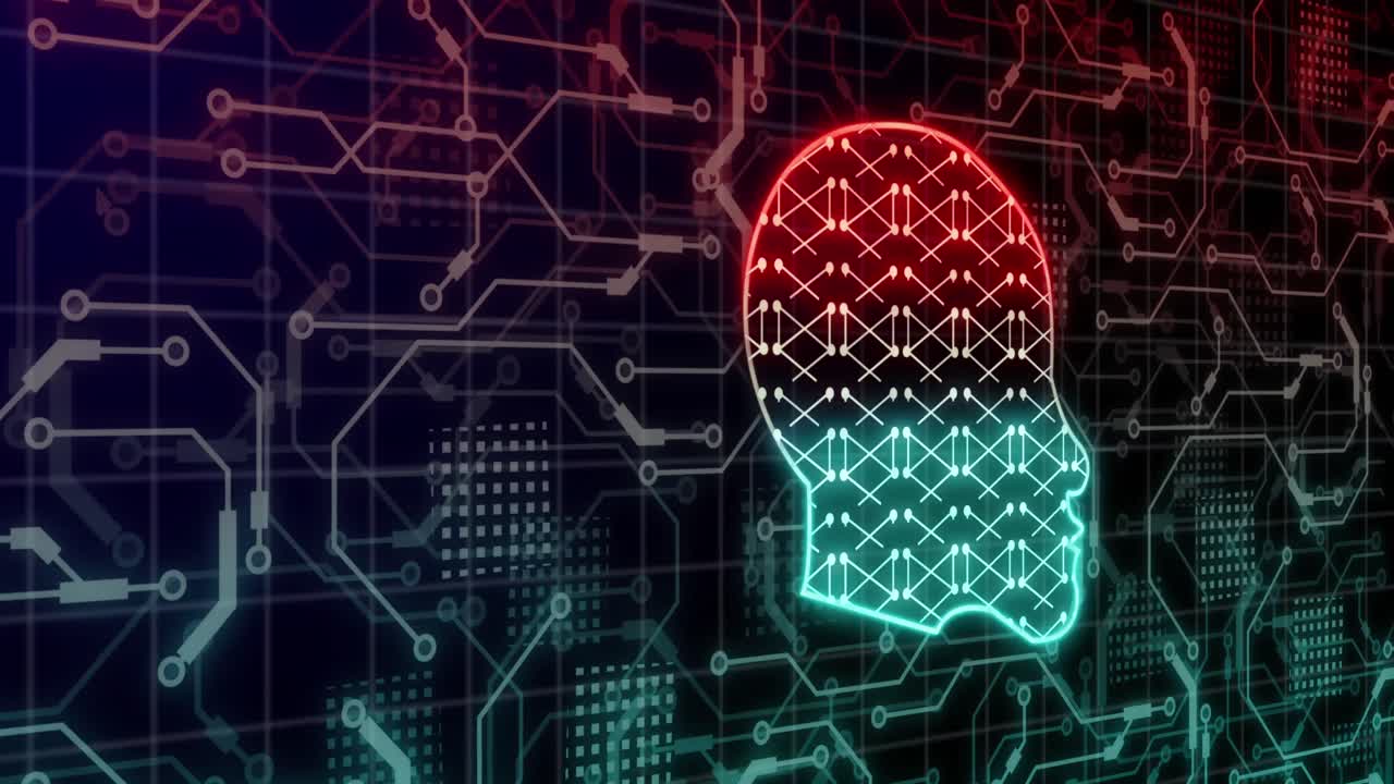 animación de cabezas y formas digitales a través de una red de conexiones.