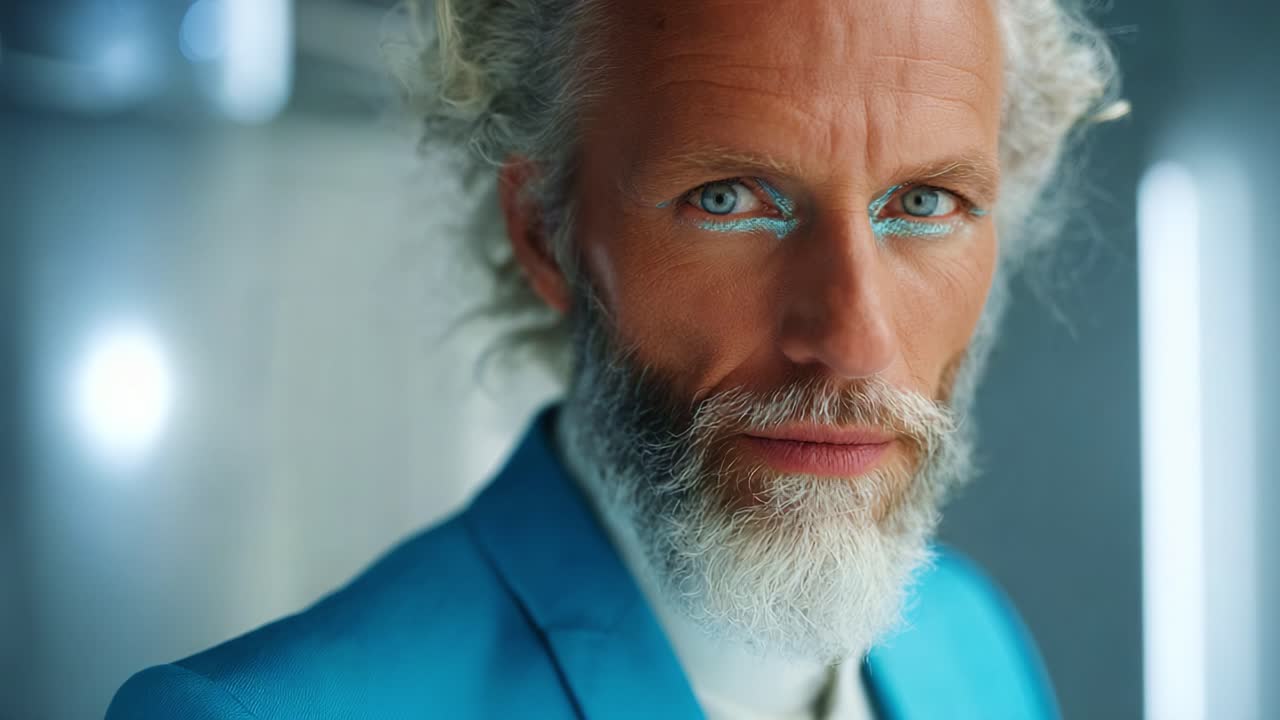 Un ritratto straordinario di un uomo elegante con capelli argentei e trucco occhi blu, ambientato su uno sfondo delicato e illuminato che enfatizza i suoi tratti ed espressione unici