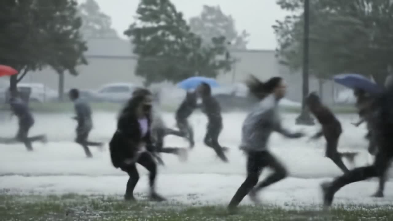 People Running for Shelter During a Heavy Rainstorm with Hail and Strong Winds, Capturing the Urgency and Chaos of the Stormy Weather Conditions