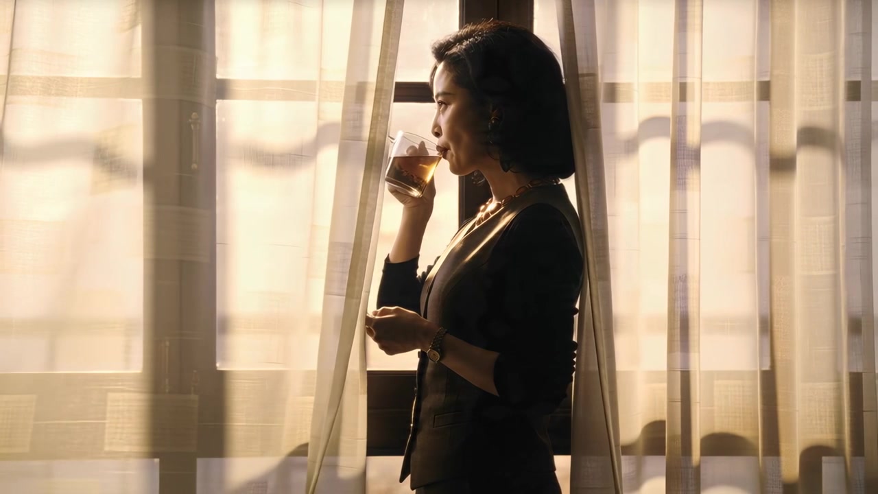 Tenendo un bicchiere, una donna in blazer scuro che sorseggia alla finestra di casa mentre la brezza sposta le tende, osservando.