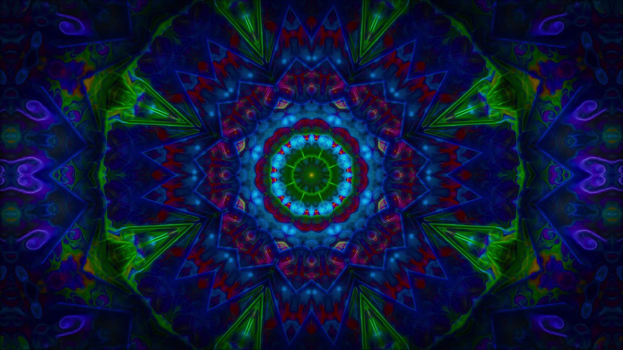 kaleidoscope mandala fondo abstracto psicodélico, animación en bucle con línea, círculo, patrones florales que emiten hacia adentro y hacia afuera
