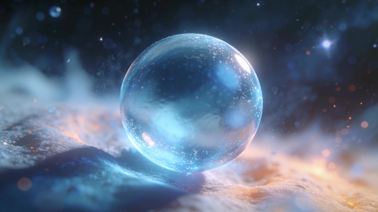 Bathing glass sphere on crystal bed revealing dual light while camera tightening, droplets drifting
