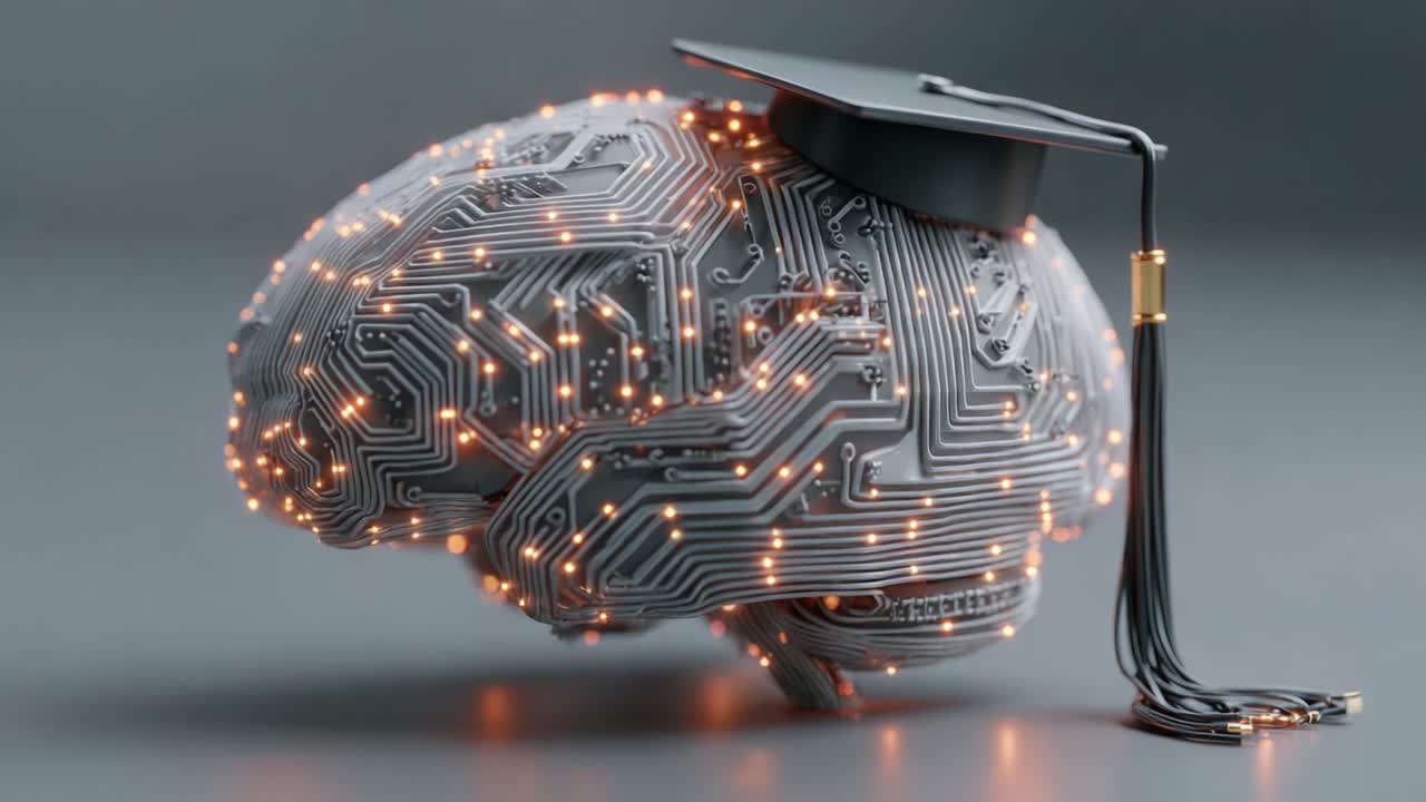 Innovative Representation of Artificial Intelligence and Education with a Graduate Cap on a Circuit-Board Styled Brain Surrounded by Illuminated Connections