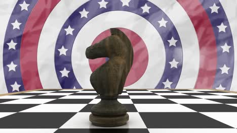 Animation-of-knight-on-chess-board-over-flag-of-america-in-circles-against-abstract-background