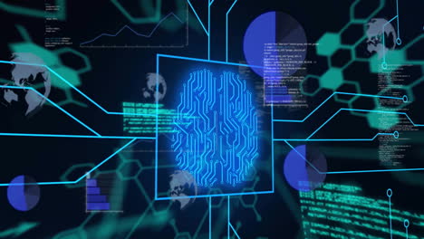 Animation-of-biometric-with-computer-language,-hexagons,-globe-and-graphs