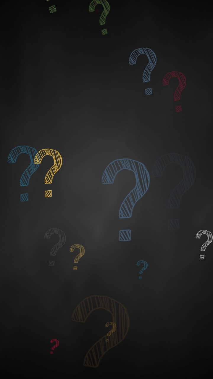 Hand drawn color question marks on blackboard. Loop abstract animation. Copy space. Vertical video.
