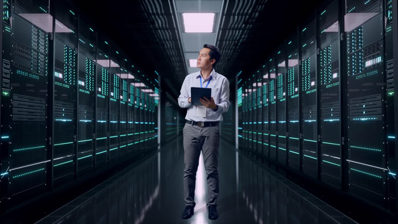 Fuldkrops sidebillede af en asiatisk mandlig professionel medarbejder i et serverrum i et datacenter, der observerer ved at kigge opad, før han koncentrerer sig om tabletten og fortsætter med at taste.