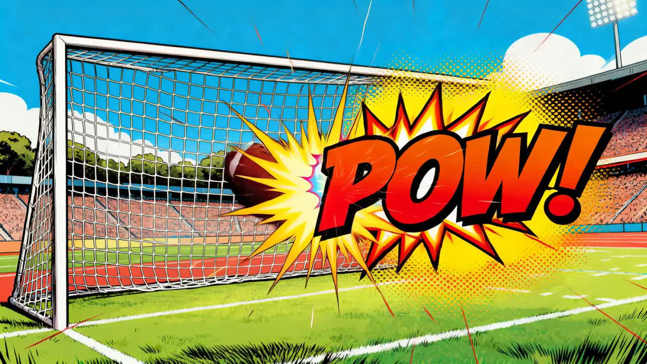 Räjähtävä POW-purkaus nielaisee amerikkalaisen jalkapallon, joka saapuu maalin suuhun oikealta ja tekee maalin stadionilla.