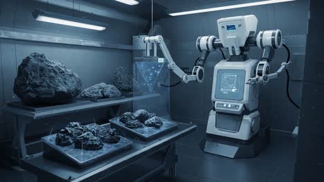 advanced robotic laboratory featuring a cutting-edge robotic arm analyzing asteroid samples with realistic visualization components in a futuristic setting