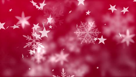 animation of christmas stars and snowflakes falling over red background