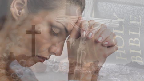 praying woman with cross and holy bible, religious faith animation