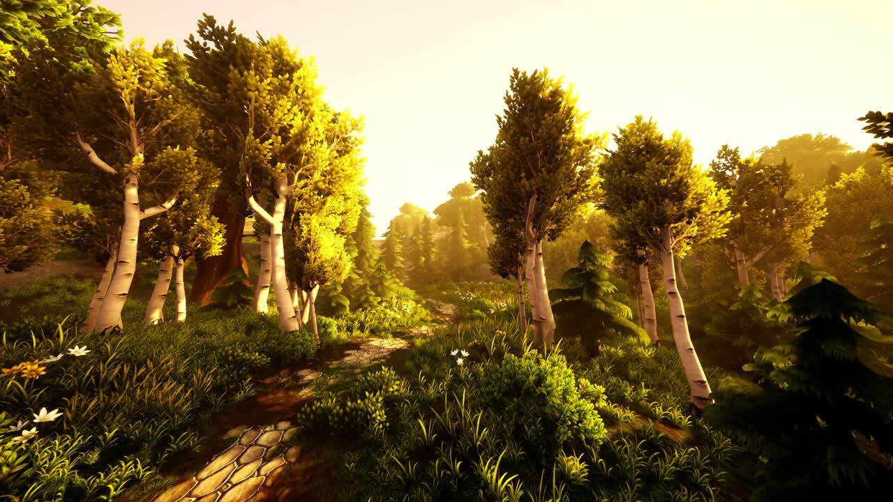 rayos de sol de dibujos animados que fluyen a través de los árboles