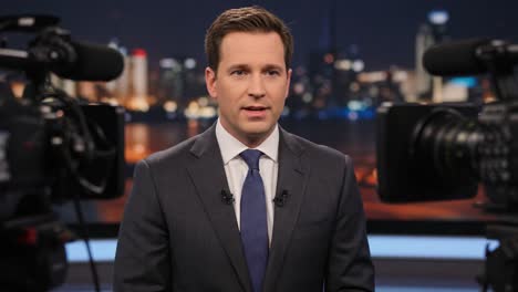 a professional news anchor prepares to deliver an important update, framed by cameras, showcasing an urban skyline in the background during a live broadcast