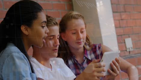 animation of financial graph over happy diverse pupils taking selfie at school