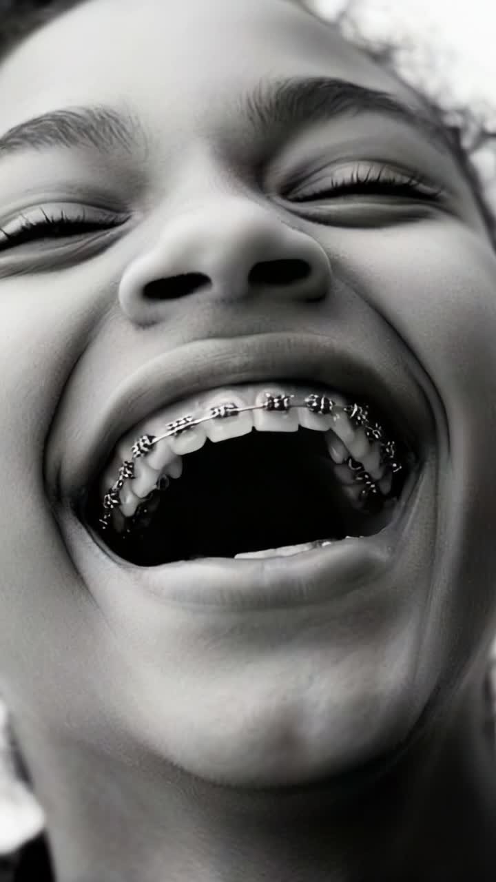 Joyful Laughter of a Young Girl with Braces Captured in a Playful Moment, Radiating Happiness and Confidence, Emphasizing the Beauty of a Genuine Smile