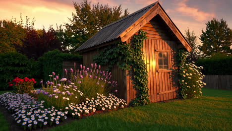 quaint wooden garden shed at sunset with flowers