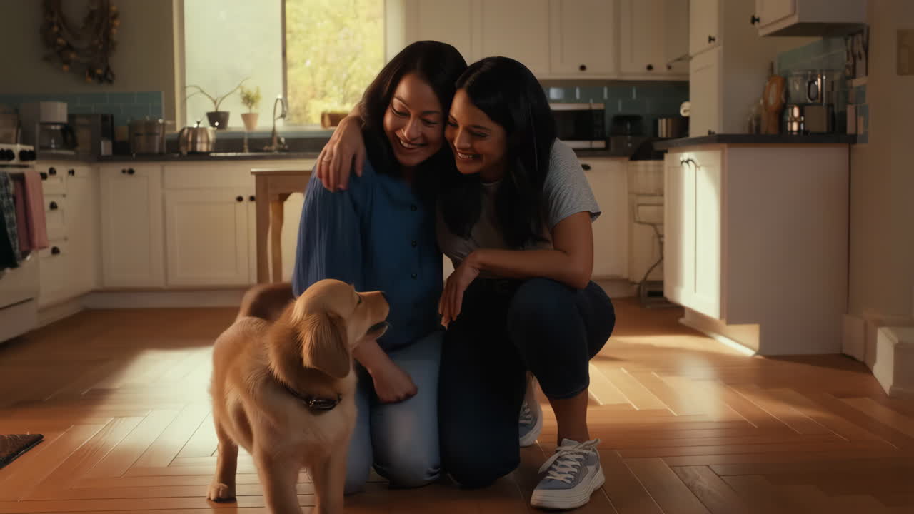 Women petting a dog in a kitchen