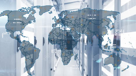 animation of circuit board pattern on map over moving bars on server racks in server room