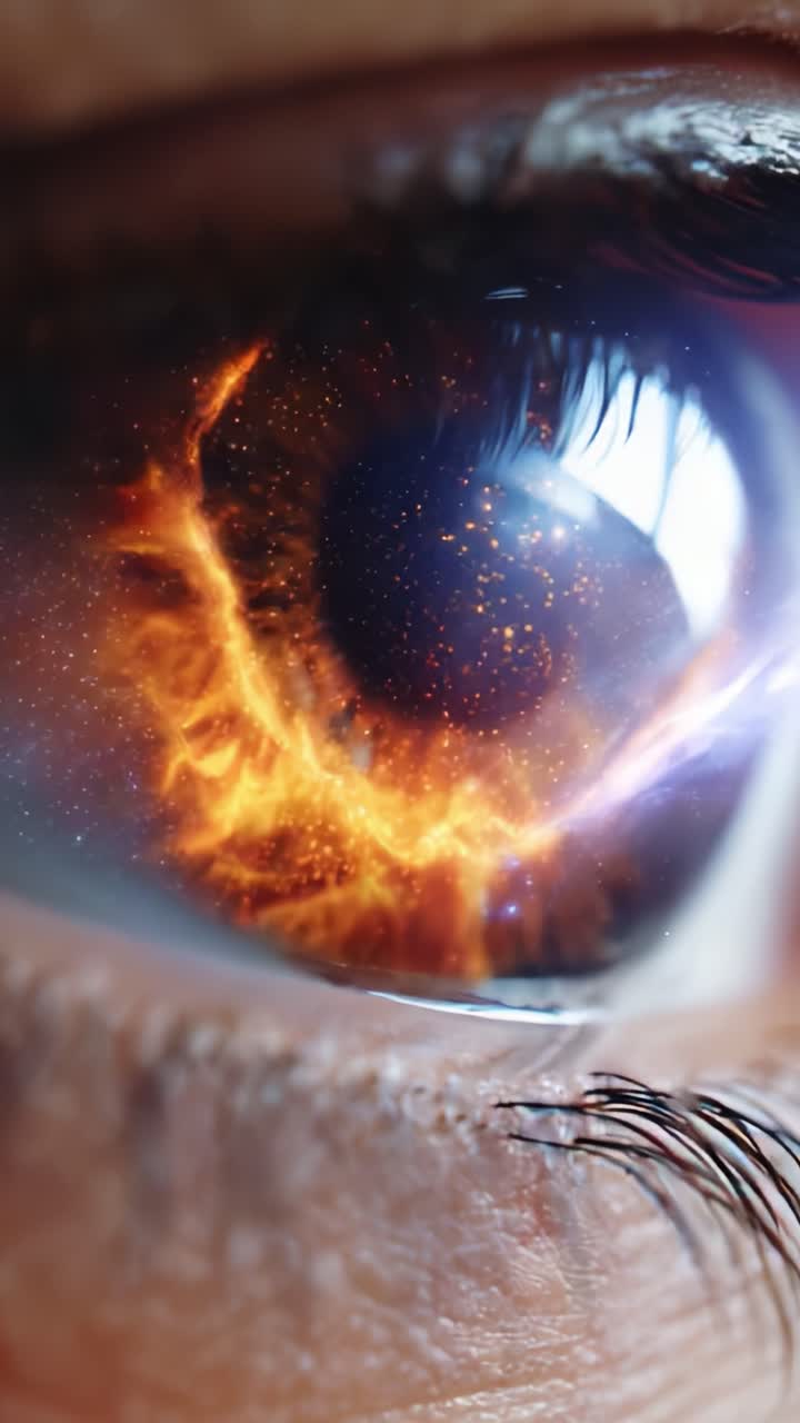 Uno straordinario primo piano di un occhio che trascende la realtà con elementi cosmici infuocati, che riflette una spirale celestiale ipnotizzante all'interno della regione pupillare